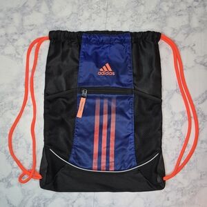 Adidas Sackpack Black and Blue Drawstring Backpack with Orange Accents